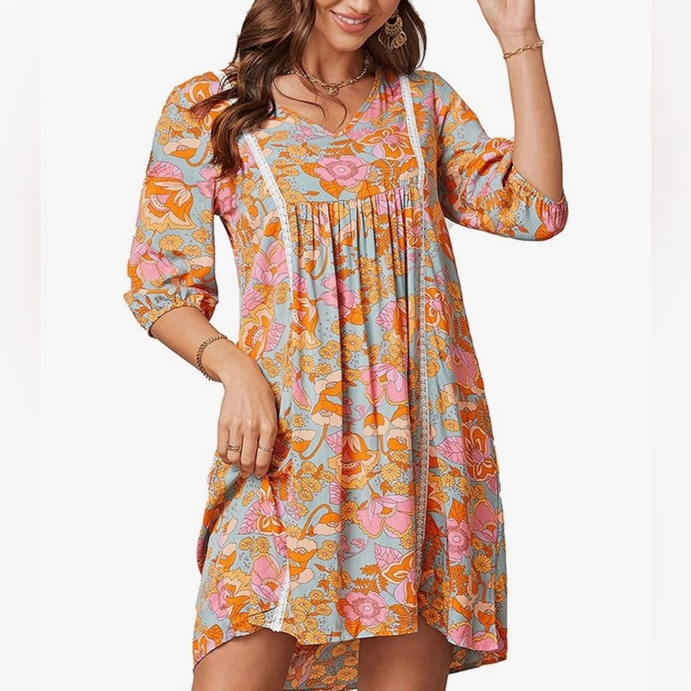 NEW Womens Boho Bohemian Floral Bishop Sleeve Summer Dress Multicolour S and M